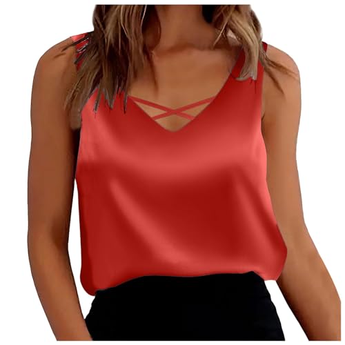 Spaghetti Top Damen Elegant Tops für Damen Sommer Satin Trägertop Blusentops Tanktops Weiß Sommertop Ärmellos Tanktop V Ausschnitt Locker Schwarz Beige Damentops Einfarbig von Generic