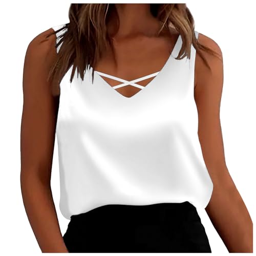 Spaghetti Top Damen Elegant Tops für Damen Sommer Satin Trägertop Blusentops Tanktops Weiß Sommertop Ärmellos Tanktop V Ausschnitt Locker Schwarz Beige Damentops Einfarbig von Generic