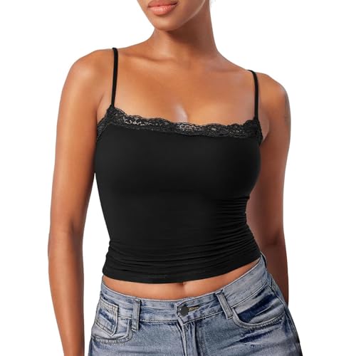 Spaghetti Top Damen Schwarz mit Spitze, Tank Top Damen Y2K Sommertop Spaghettiträger Trägertop Enges Blusentop Unterhemd Rückenfreie Oberteile Camisole Sommer Tops Teenager Mädchen von Generic