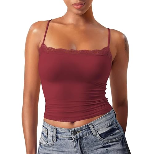 Spaghetti Top Damen Schwarz mit Spitze, Tank Top Damen Y2K Sommertop Spaghettiträger Trägertop Enges Blusentop Unterhemd Rückenfreie Oberteile Camisole Sommer Tops Teenager Mädchen von Generic