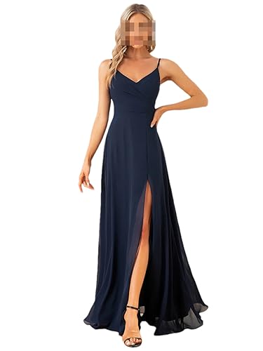 Spaghettiträger ärmelloses Abendkleid V-Ausschnitt rückenfreies Chiffonkleid Seitenschlitz Brautjungfernkleid, marineblau, 38 von Generic