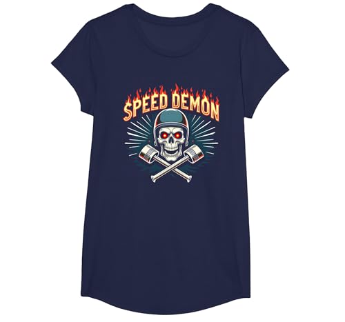 Speed Demon Hot Rod Skull für Herren Rennbegeisterte T-Shirt, Girls, Marineblau, XS von Generic