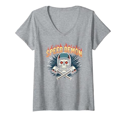 Speed Demon Hot Rod Skull für Herren Rennbegeisterte T-Shirt mit V-Ausschnitt, Damen, Grau Meliert, S von Generic