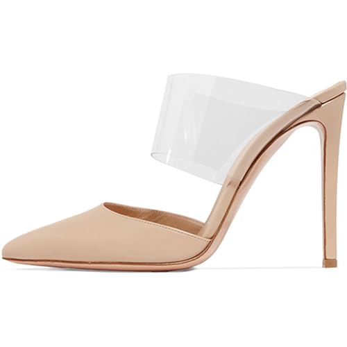Spitz zulaufende Stiletto-Sandalen für Damen, sexy Slip-On-Pantoletten mit transparentem Riemen hohen Absätzen, Slingback-Pantoletten für Sommerhochzeiten Abschlussbälle,Khaki,37 EU von Generic