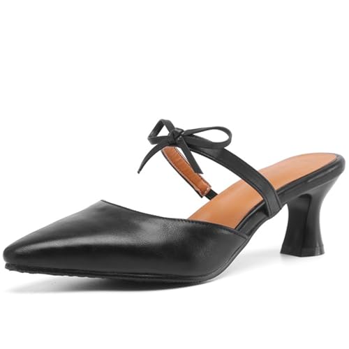 Spitze Absatz-Mules für Damen mit Schleifendetail, Kittenabsatz, Erhältlich in Schwarz, Weiß und Natur,Schwarz,45 EU von Generic