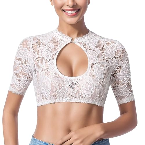 Spitze Dirndlbluse Damen Weiss Spitze Langarm Dirndlblusen Weiß V Ausschnitt Kurzarm Tracht Blusen Transparent Elegant Klassisch Dirndl Bluse Oktoberfest Kostüm Dirndlblusen Spitzenbluse Große Größen von Generic