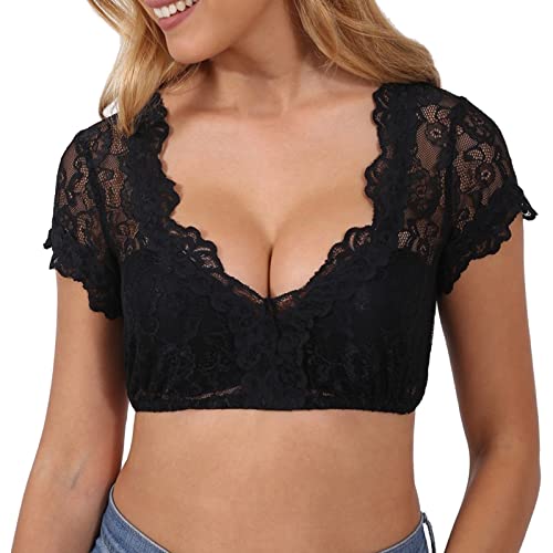 Spitze Dirndlbluse Halbarm Weiß Sexy Dirndl Bluse Rundhals Damen Trachtenbluse von Generic