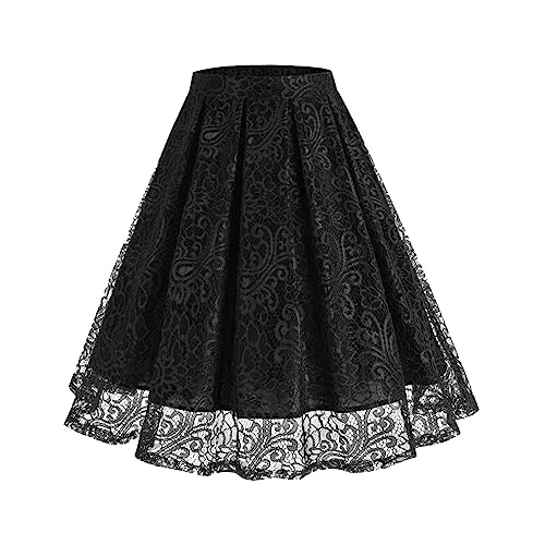 Spitzen Rock Damen 50S Retro Knielang Rockabilly Tellerrock Elegant 50er Jahre Vintage A Linie Swing Petticoat Faltenrock Midi Plisseerock mit Spitze Retro Trachtenrock Festlich Spitzenröcke von Generic