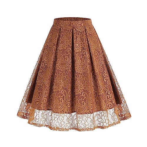 Spitzen Rock Damen 50S Retro Knielang Rockabilly Tellerrock Elegant 50er Jahre Vintage A Linie Swing Petticoat Faltenrock Midi Plisseerock mit Spitze Retro Trachtenrock Festlich Spitzenröcke von Generic