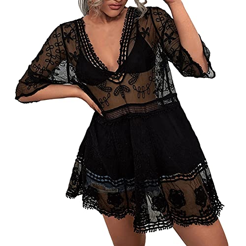 Generic Damen Sommerkleid Strand - Sexy Transparent-Strandkleid Kurz Boho Kleid V Ausschnitt Strandkleider Sommer Strandponcho Spitze Kaftan Kurzarm Durchsichtig Bikini Cover Up Leicht Bademode von Generic
