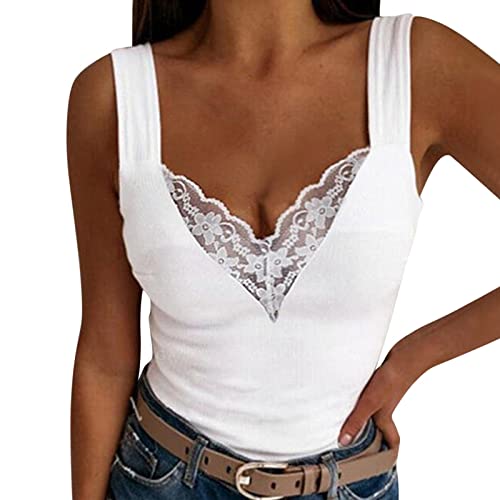 Spitzentop Damen Weiß -Trägertop Damen Sommer -Cami Top Damen Sexy Tank Tops Spitzen Oberteile Slim Fit Ärmelloses T Shirt V Ausschnitte Tunika Bluse Sommertops Luftig Weste Tanktops Frauen von Generic