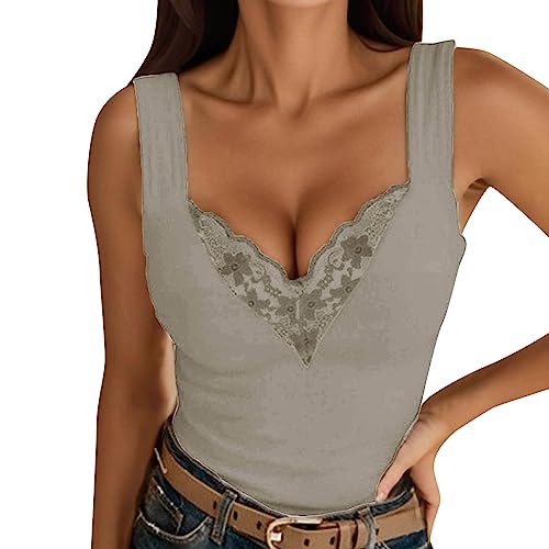 Spitzentop Damen Weiß -Trägertop Damen Sommer -Cami Top Damen Sexy Tank Tops Spitzen Oberteile Slim Fit Ärmelloses T Shirt V Ausschnitte Tunika Bluse Sommertops Luftig Weste Tanktops Frauen von Generic