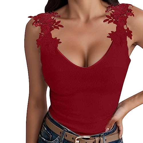 Spitzentop Damen Weiß -Trägertop Damen Sommer -Cami Top Damen Sexy Tank Tops Spitzen Oberteile Slim Fit Ärmelloses T Shirt V Ausschnitte Tunika Bluse Sommertops Luftig Weste Tanktops Frauen von Generic