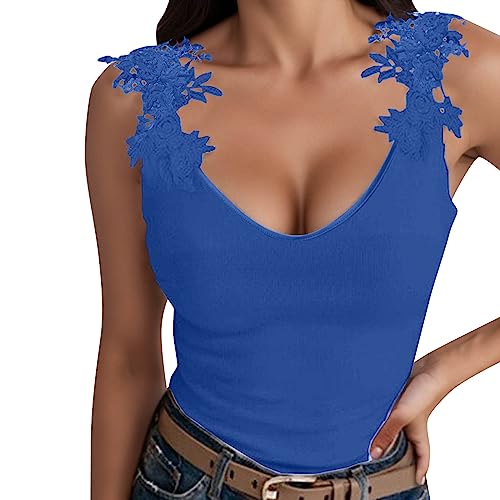 Spitzentop Damen Weiß -Trägertop Damen Sommer -Cami Top Damen Sexy Tank Tops Spitzen Oberteile Slim Fit Ärmelloses T Shirt V Ausschnitte Tunika Bluse Sommertops Luftig Weste Tanktops Frauen von Generic