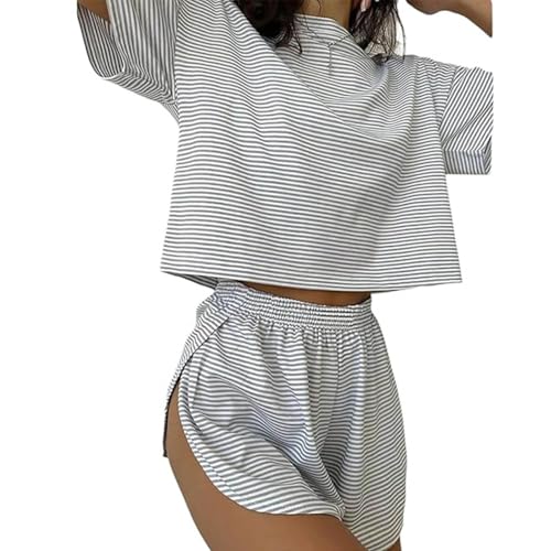 Split Short Pajama Set Women, 2 Piece Shorts Split Loungewear Striped Pajama Sets Summer Pajamas for Women (Light Grey,M) von Generic