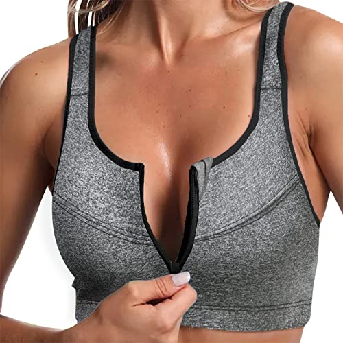 Sport BH Damen Yoga mit Reißverschluss vorne Ohne Bügel Starker Halt Große Brüste Push Up Ringerrücken Gepolstert Sport Bra für Fitness Laufen Yoga (Grau, XXL) von Generic