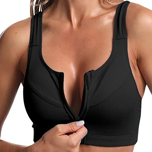 Sport BH Damen Yoga mit Reißverschluss vorne Ohne Bügel Starker Halt Große Brüste Push Up Ringerrücken Gepolstert Sport Bra für Fitness Laufen Yoga (Schwarz, M) von Generic