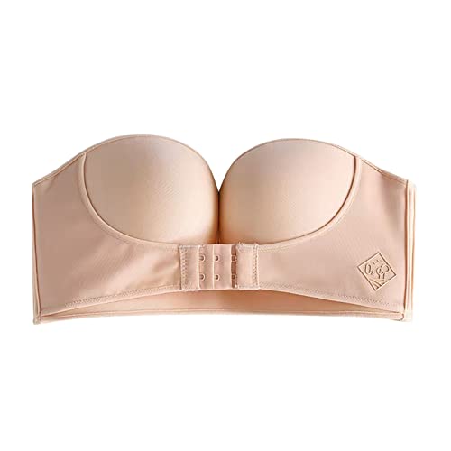 Sport BH Hautfarben Einfarbiger, trägerloser, Rutschfester, randloser Damen-Kleid-BH, Körbchengröße F BH Vorderverschluss Ohne BüGel (Beige, 75F) von Generic