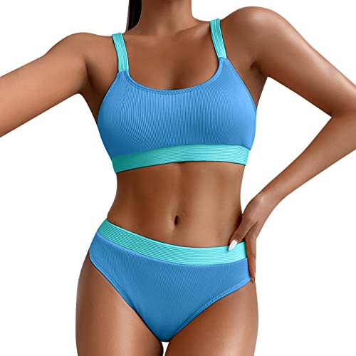 Sport Bikini Damen Gepolstert Push Up Bikini Set Gerippte Bustier Breite Träger Bikinis Bademode Strandmode Sportlich High Waist Bikini-Sets für Damen Zweiteiliger Badeanzug Swimsuit Beachwear von Generic