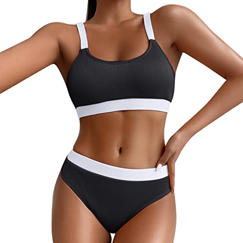 Sport Bikini Damen Gepolstert Push Up Bikini Set Gerippte Bustier Breite Träger Bikinis Bademode Strandmode Sportlich High Waist Bikini-Sets für Damen Zweiteiliger Badeanzug Swimsuit Beachwear von Generic