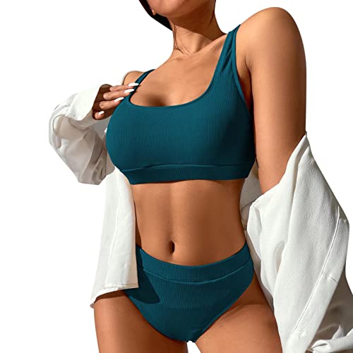 Sport Bikini Damen Gepolstert Push Up Bikini Set Gerippte Bustier Breite Träger Bikinis Bademode Strandmode Sportlich High Waist Bikini-Sets für Damen Zweiteiliger Badeanzug Swimsuit Beachwear von Generic