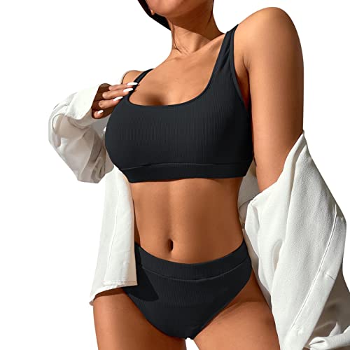 Sport Bikini Damen Gepolstert Push Up Bikini Set Gerippte Bustier Breite Träger Bikinis Bademode Strandmode Sportlich High Waist Bikini-Sets für Damen Zweiteiliger Badeanzug Swimsuit Beachwear von Generic