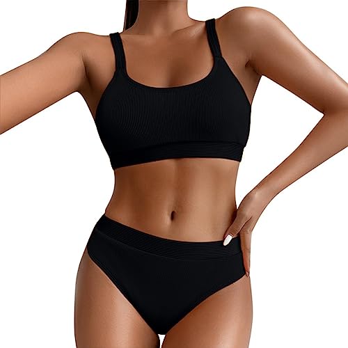 Sport Bikini Damen Gepolstert Push Up Bikini Set Gerippte Bustier Breite Träger Bikinis Bademode Strandmode Sportlich High Waist Bikini-Sets für Damen Zweiteiliger Badeanzug Swimsuit Beachwear von Generic