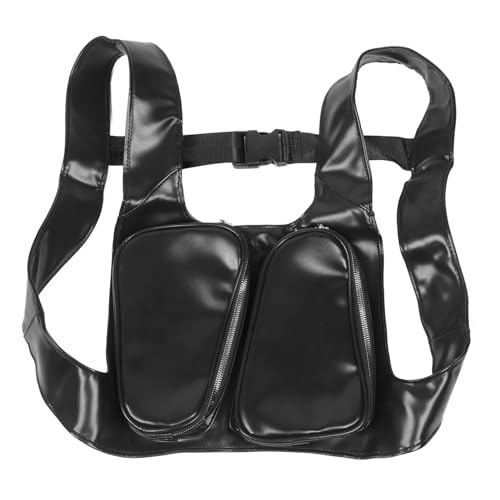 Sport-Brusttasche, Reißverschlusstasche auf der Rückseite, Mehrere Taschen, Verstellbare Weste aus PU-Leder, Wander-Brusttasche für Damen (Schwarz) von Generic