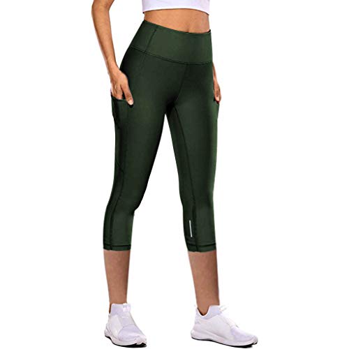 Sport Leggings Damen Tasche Capri 3/4 High Waist Elastische Blickdicht Übergröße Sport Leggins mit Seitentaschen für Yoga Freizeit (02 Armeegrün, L) von Generic