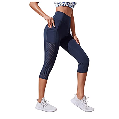 Sport Leggings Damen Tasche Capri 3/4 High Waist Elastische Blickdicht Übergröße Sport Leggins mit Seitentaschen für Yoga Freizeit (02 Dunkelblau, XL) von Generic