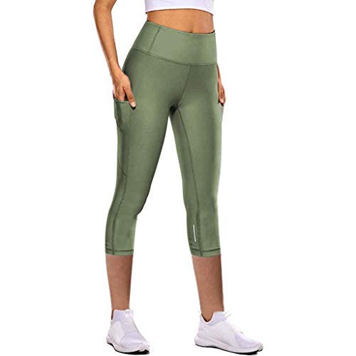 Sport Leggings Damen Tasche Capri 3/4 High Waist Elastische Blickdicht Übergröße Sport Leggins mit Seitentaschen für Yoga Freizeit (02 Grün, M) von Generic