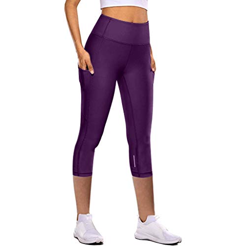 Sport Leggings Damen Tasche Capri 3/4 High Waist Elastische Blickdicht Übergröße Sport Leggins mit Seitentaschen für Yoga Freizeit (02 Lila, XS) von Generic