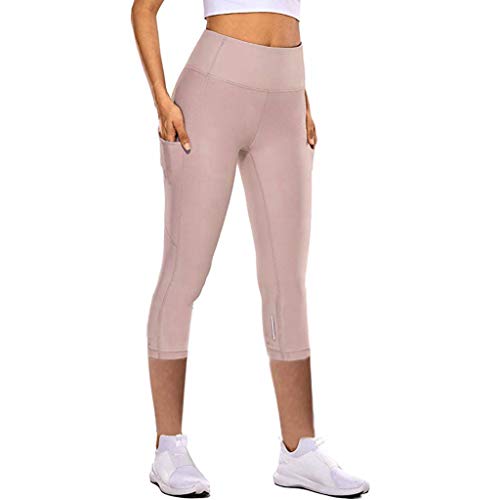 Sport Leggings Damen Tasche Capri 3/4 High Waist Elastische Blickdicht Übergröße Sport Leggins mit Seitentaschen für Yoga Freizeit (02 Rosa, S) von Generic