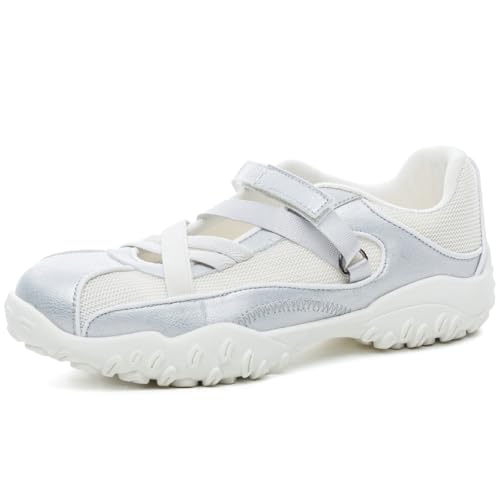 Sport-Trainer für Damen mit Atmungsaktivem Mesh Kreuzriemen-Design, Leicht mit Rutschfester & Langlebiger Sohle,Silber,43 EU von Generic