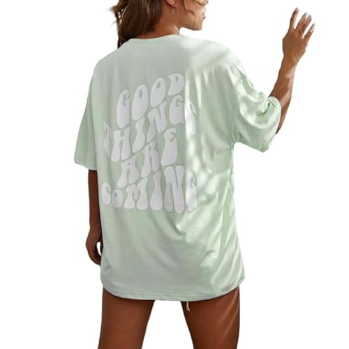 Sport Tshirt Damen Oversized Shirt Bluse mit Backprint Aesthetic T-Shirt Gym Oberteil Shirt Oversize Mit Aufdruck Rundhals Basic Oversized T Shirts Coole Sachen für Teenager Mädchen (01 Grün, S) von Generic