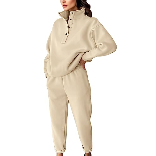 Sportanzug Damen Sportanzug Traingsanzug 2 Teilig Freizeitanzug Hoodie Sweatshirt+Jogginghose Hose Sportswear 2 Stück Bekleidungsset Sport Hoodie mit Kapuzen (Beige, L) von Generic