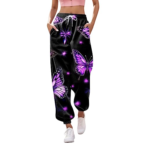 Sporthose Damen, Damen Jogginghose Lang High Waist Sporthose mit Taschen Bunt Schmetterling Drucken Trainingshose Modern Freizeithose Frauen Kordelzug Sweathose Laufhose Sweatpants (Z11-Purple, XL) von Generic