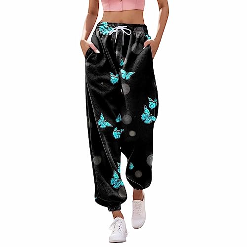Sporthose Damen, Damen Jogginghose Lang High Waist Sporthose mit Taschen Schmetterling Feder Drucken Trainingshose Modern Freizeithose Frauen Kordelzug Sweathose Sweatpants (Z13-Mint Green, L) von Generic