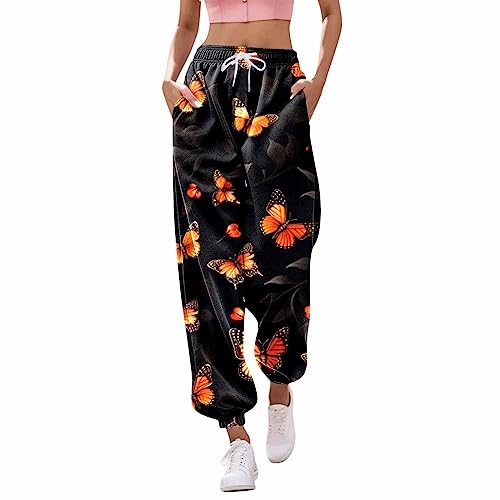 Sporthose Damen, Damen Jogginghose Lang High Waist Sporthose mit Taschen Schmetterling Feder Drucken Trainingshose Modern Freizeithose Frauen Kordelzug Sweathose Sweatpants Laufhose (Z11-Orange, XL) von Generic