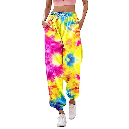 Sporthose Damen, Damen Jogginghose Lang High Waist Sporthose mit Taschen Schmetterling Feder Drucken Trainingshose Modern Freizeithose Frauen Kordelzug Sweathose Sweatpants Laufhose (Z11-Yellow, M) von Generic