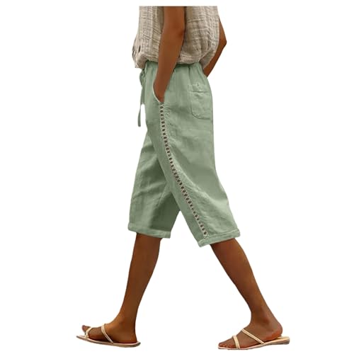 Sporthose Damen 3/4 Leinenhose Kurze Hose Leicht Luftig Sommerhose High Waist Baumwolle Leinen Hose Frauen Freizeithose mit Kordelzug Taschen Stoffhose Loose Bequem Yogahose Haremshosen von Generic