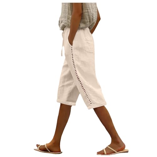 Sporthose Damen 3/4 Leinenhose Kurze Hose Leicht Luftig Sommerhose High Waist Baumwolle Leinen Hose Frauen Freizeithose mit Kordelzug Taschen Stoffhose Loose Bequem Yogahose Haremshosen von Generic