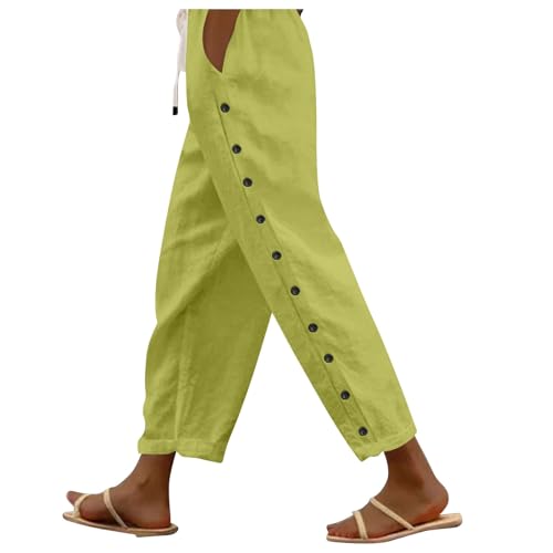 Sporthose Damen Lang,Leichte Sommerhose Damen,Leinen Capris für Frauen Elastische Taille Kordelzug Capri-Hosen mit Taschen Solid Side Button Casual Sommer Cropped Pants,Grün,XXL Sporthose Damen Lang,Leichte Sommerhose Damen,Leinen Capris für Frauen Elastische Taille Kordelzug Capri-Hosen mit Taschen Solid Side Button Casual Sommer Cropped Pants,Grün,XXL von Generic