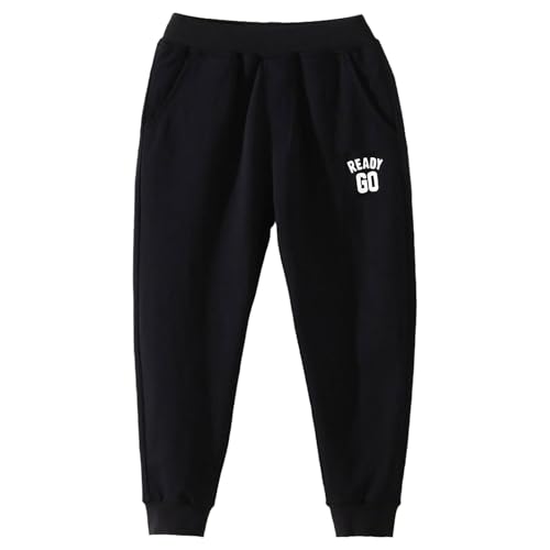 Sporthose Jungen Jogginghose Baumwolle Hosen Einfarbige Hose mit Druck Kinder Freizeithose mit Elastischem Bund Hohe Taille Hosen mit Tasche (Black, 10-11 Years) von Generic