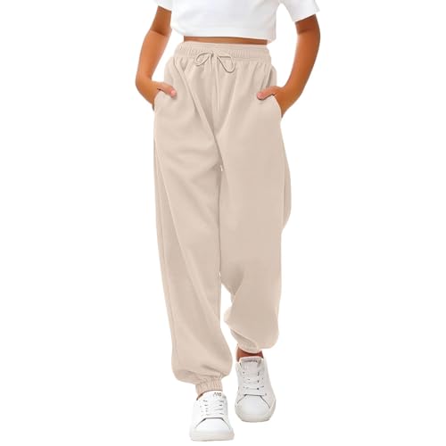 Sporthose Mädchen Baggy Jogginghose Einfarbige Drawstring Jogginghosen Teenager Mädchen High Waist Sweatpants Kinder Elastische Freizeit Lang Hosen mit Taschen (Beige, 9-10 Years) von Generic