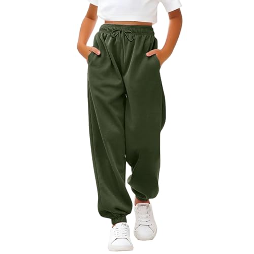 Sporthose Mädchen Baggy Jogginghose Einfarbige Drawstring Jogginghosen Teenager Mädchen High Waist Sweatpants Kinder Elastische Freizeit Lang Hosen mit Taschen (Blackish Green, 13-14 Years) von Generic