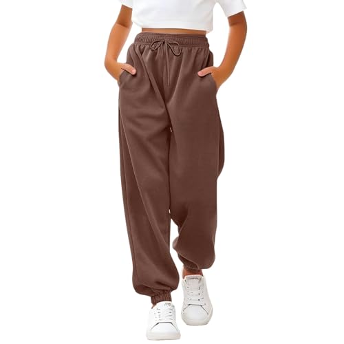 Sporthose Mädchen Baggy Jogginghose Einfarbige Drawstring Jogginghosen Teenager Mädchen High Waist Sweatpants Kinder Elastische Freizeit Lang Hosen mit Taschen (Coffee, 11-12 Years) von Generic