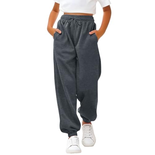 Sporthose Mädchen Baggy Jogginghose Einfarbige Drawstring Jogginghosen Teenager Mädchen High Waist Sweatpants Kinder Elastische Freizeit Lang Hosen mit Taschen (Grey, 7-8 Years) von Generic