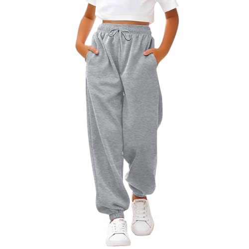 Sporthose Mädchen Baggy Jogginghose Einfarbige Drawstring Jogginghosen Teenager Mädchen High Waist Sweatpants Kinder Elastische Freizeit Lang Hosen mit Taschen (Light Ashy, 11-12 Years) von Generic