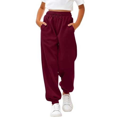 Sporthose Mädchen Baggy Jogginghose Einfarbige Drawstring Jogginghosen Teenager Mädchen High Waist Sweatpants Kinder Elastische Freizeit Lang Hosen mit Taschen (Wine, 11-12 Years) von Generic